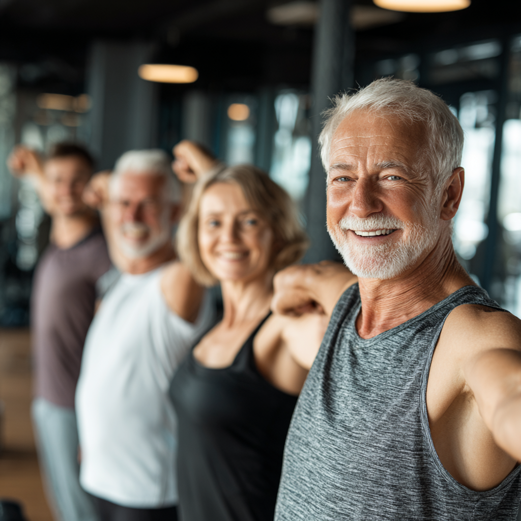 Peaceful Hungarian adults in comfortable workout clothes after exercise, showing relaxation and wellness in a serene environment